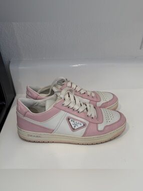 Prada Downtown Low Top Sneakers Pink White Leather Triangle Logo EU 36